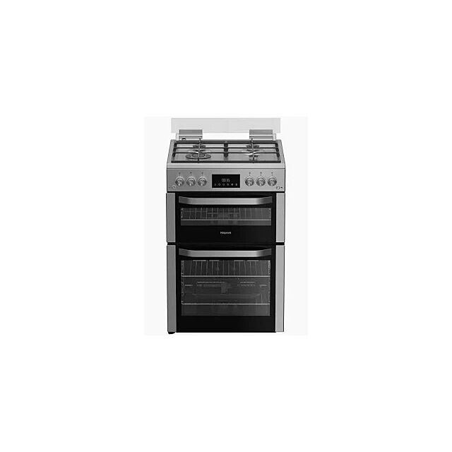 Hotpoint HDG6GDCWX 60cm Gas Double Oven Cooker with Glass Lid - Stainless Steel Finish