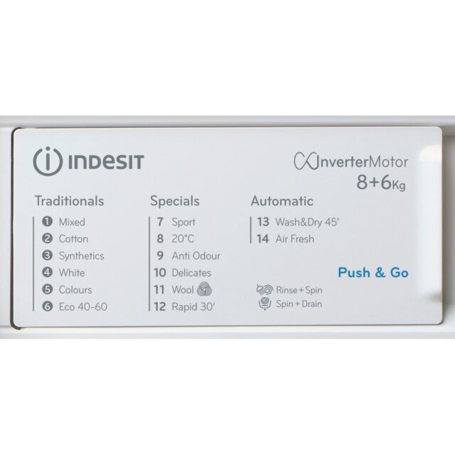Indesit BIWDIL861284 Built In Washer Dryer, 8kg Wash, 6kg Dryer Capacity, 1200 Spin, D Energy